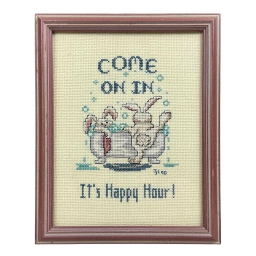 Vintage Framed Cross-Stitch Come On In, It’s Happy Hour! Bunny Bathtub Scene